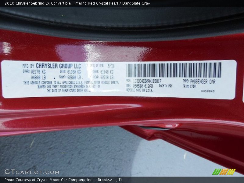 2010 Sebring LX Convertible Inferno Red Crystal Pearl Color Code PRH