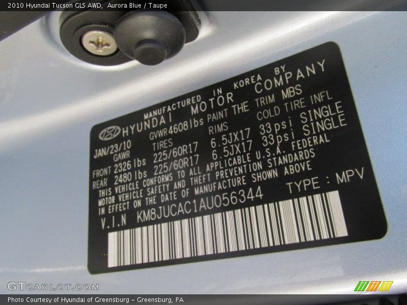 Aurora Blue / Taupe 2010 Hyundai Tucson GLS AWD