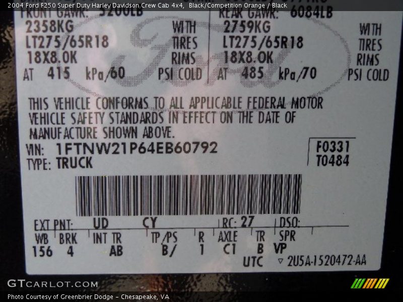 2004 F250 Super Duty Harley Davidson Crew Cab 4x4 Black/Competition Orange Color Code UD/CY