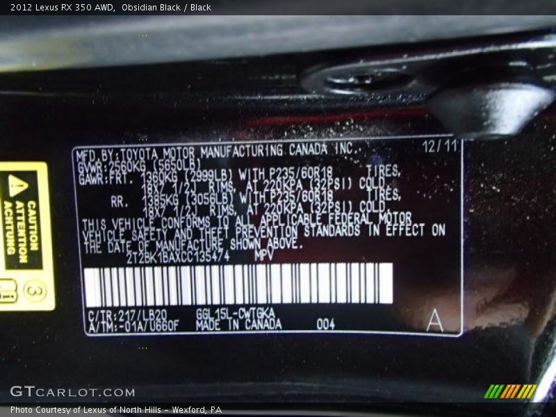 Obsidian Black / Black 2012 Lexus RX 350 AWD