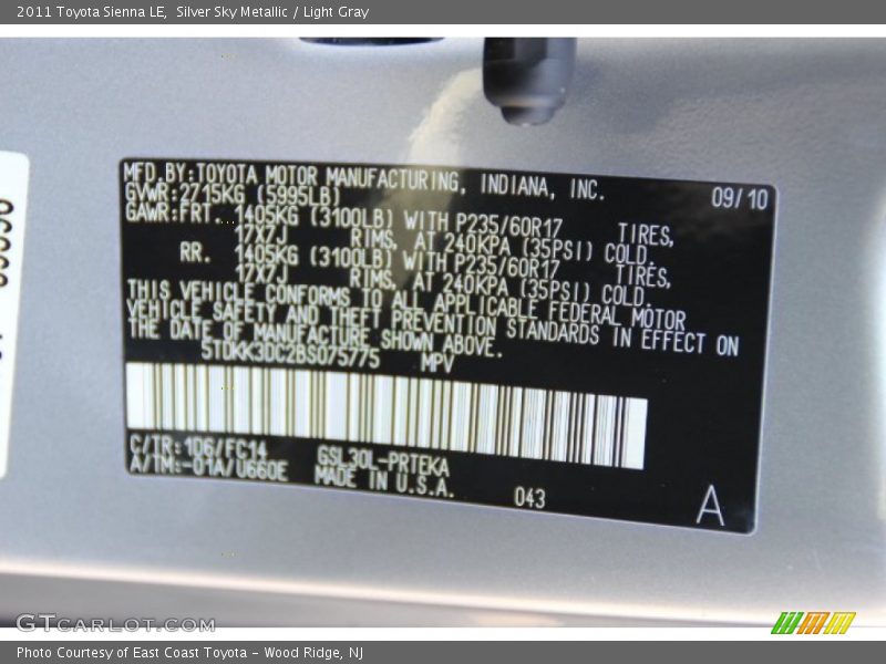 Silver Sky Metallic / Light Gray 2011 Toyota Sienna LE