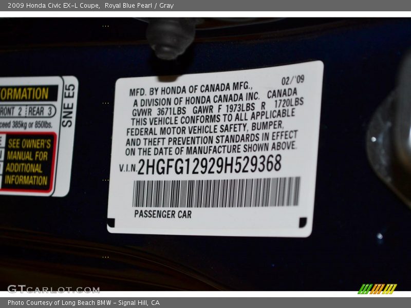 Royal Blue Pearl / Gray 2009 Honda Civic EX-L Coupe