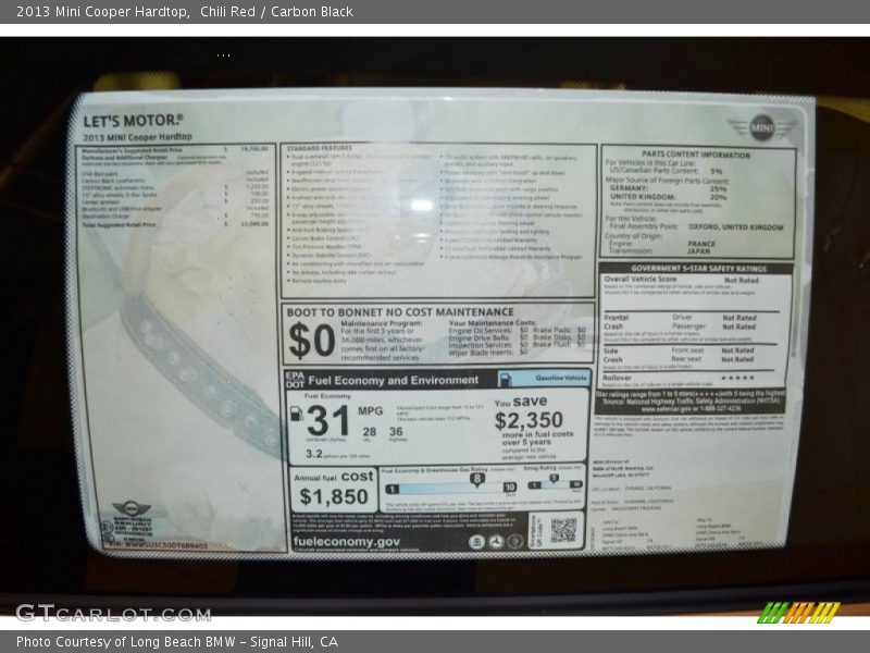Chili Red / Carbon Black 2013 Mini Cooper Hardtop