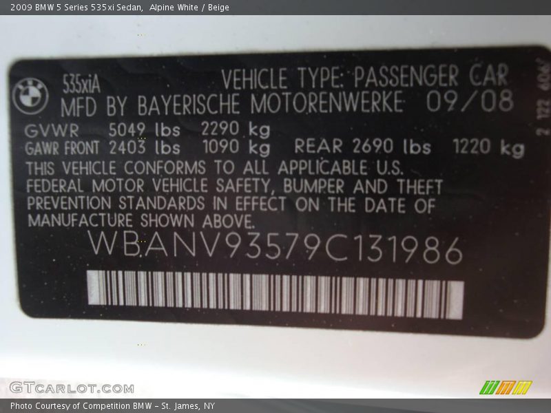 Alpine White / Beige 2009 BMW 5 Series 535xi Sedan