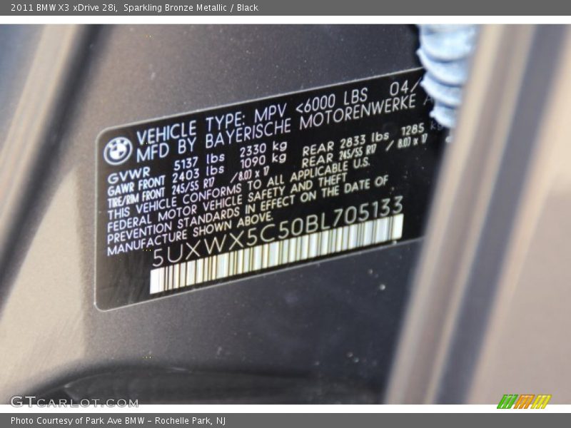 Sparkling Bronze Metallic / Black 2011 BMW X3 xDrive 28i