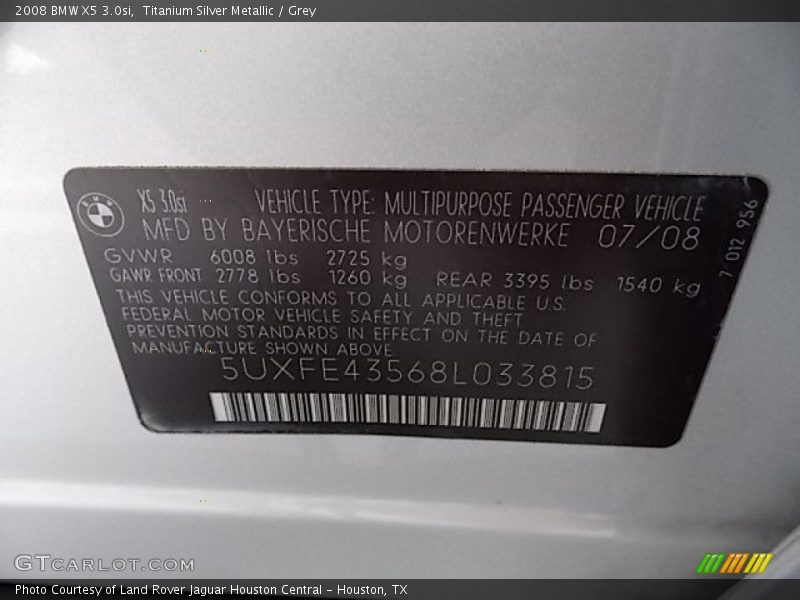 Titanium Silver Metallic / Grey 2008 BMW X5 3.0si