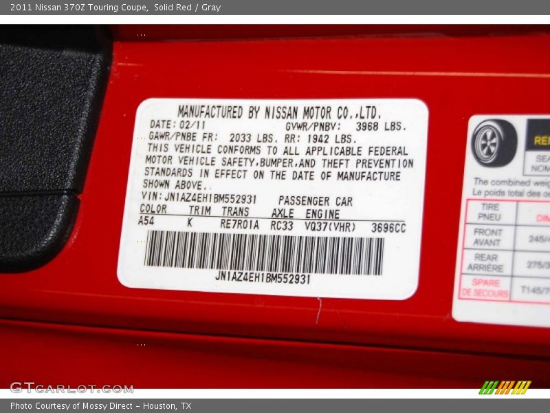 Solid Red / Gray 2011 Nissan 370Z Touring Coupe