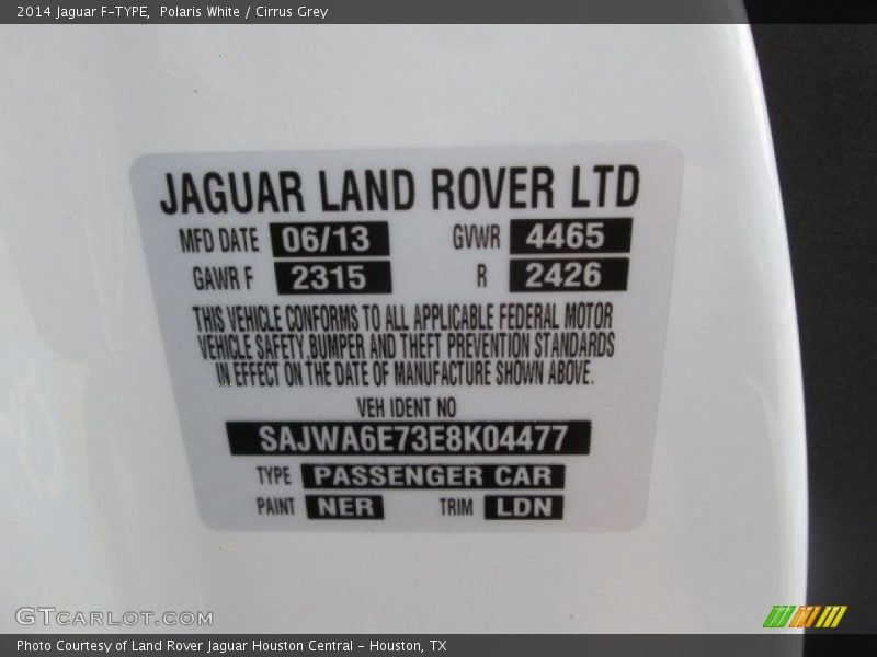 2014 F-TYPE  Polaris White Color Code NER
