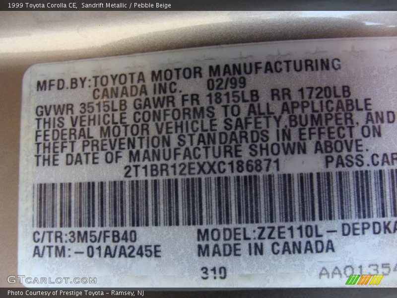 Sandrift Metallic / Pebble Beige 1999 Toyota Corolla CE