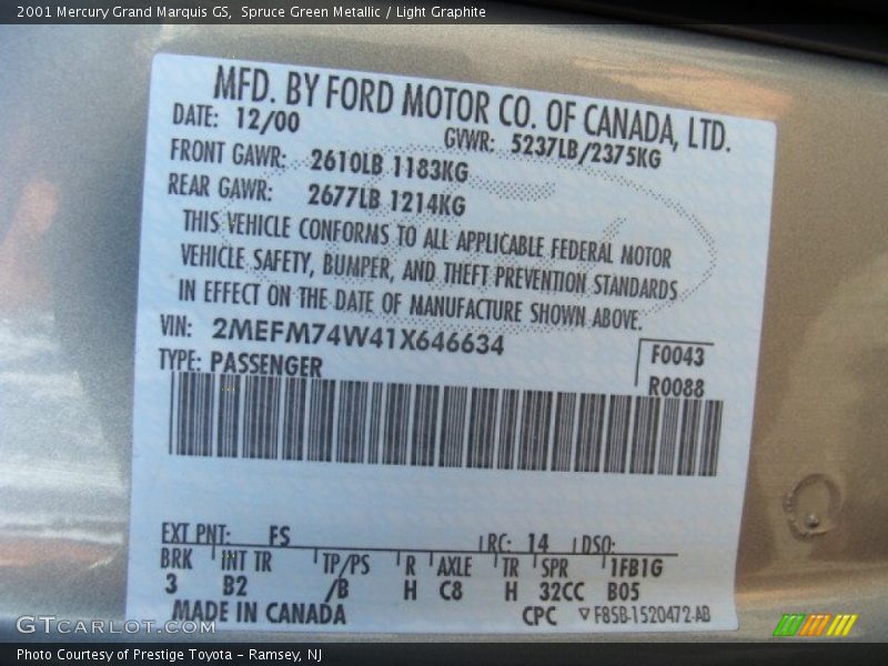 2001 Grand Marquis GS Spruce Green Metallic Color Code FS
