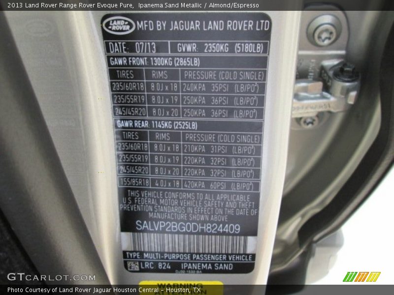 Ipanema Sand Metallic / Almond/Espresso 2013 Land Rover Range Rover Evoque Pure