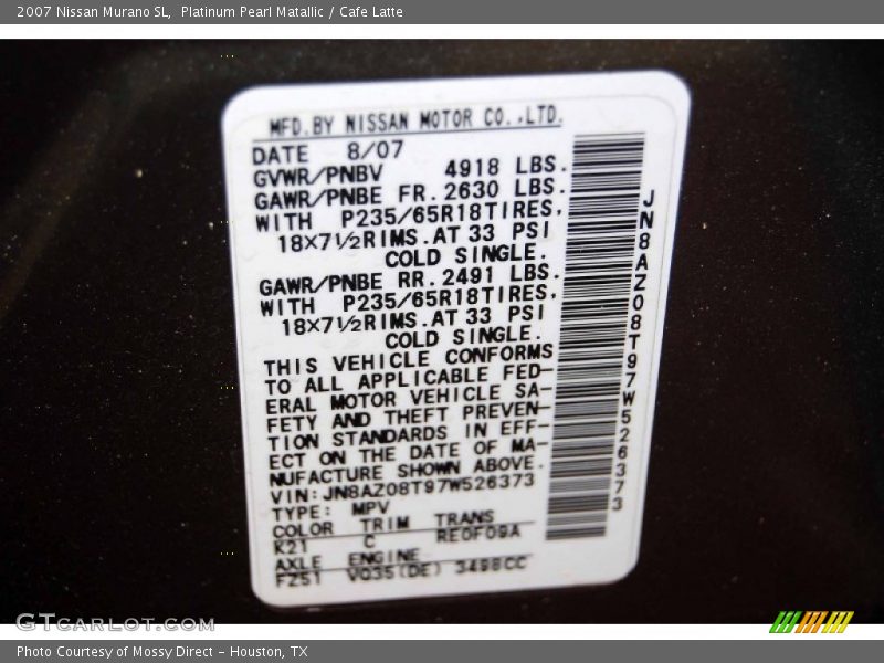 Platinum Pearl Matallic / Cafe Latte 2007 Nissan Murano SL
