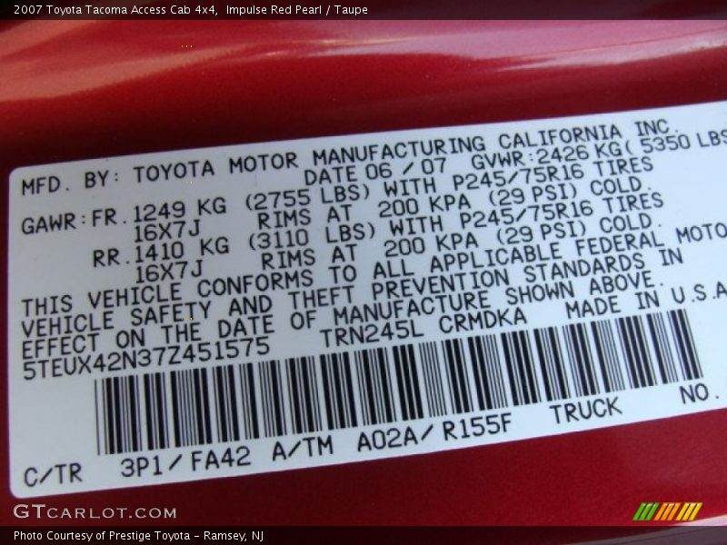 Impulse Red Pearl / Taupe 2007 Toyota Tacoma Access Cab 4x4