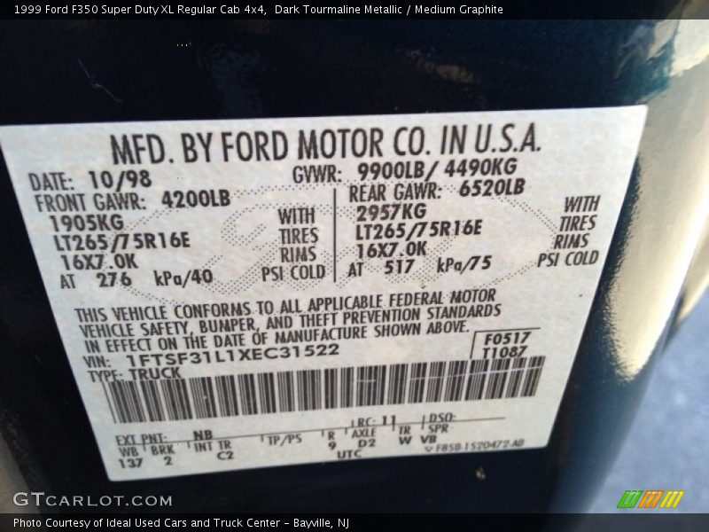 1999 F350 Super Duty XL Regular Cab 4x4 Dark Tourmaline Metallic Color Code NB