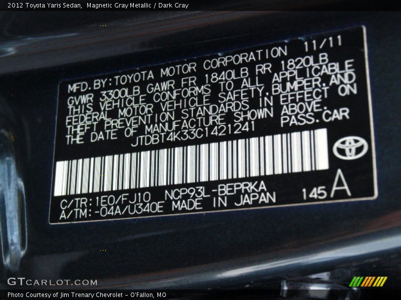 2012 Yaris Sedan Magnetic Gray Metallic Color Code 1E0