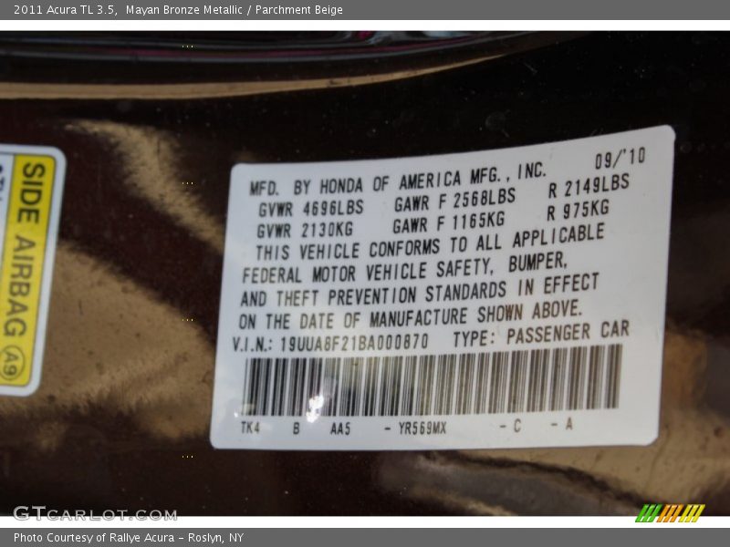 Mayan Bronze Metallic / Parchment Beige 2011 Acura TL 3.5