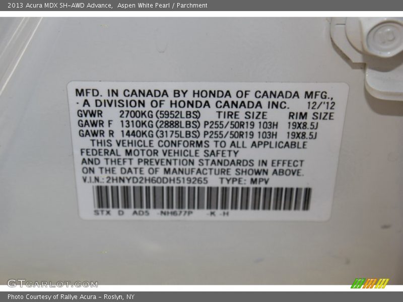 Aspen White Pearl / Parchment 2013 Acura MDX SH-AWD Advance
