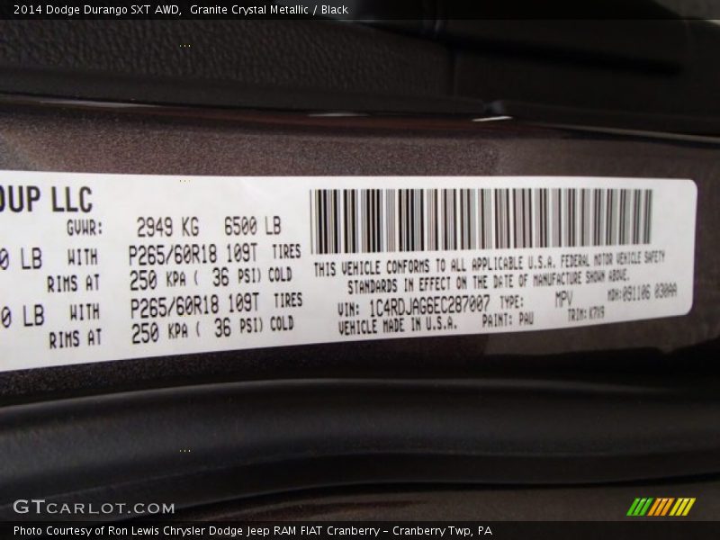 2014 Durango SXT AWD Granite Crystal Metallic Color Code PAU