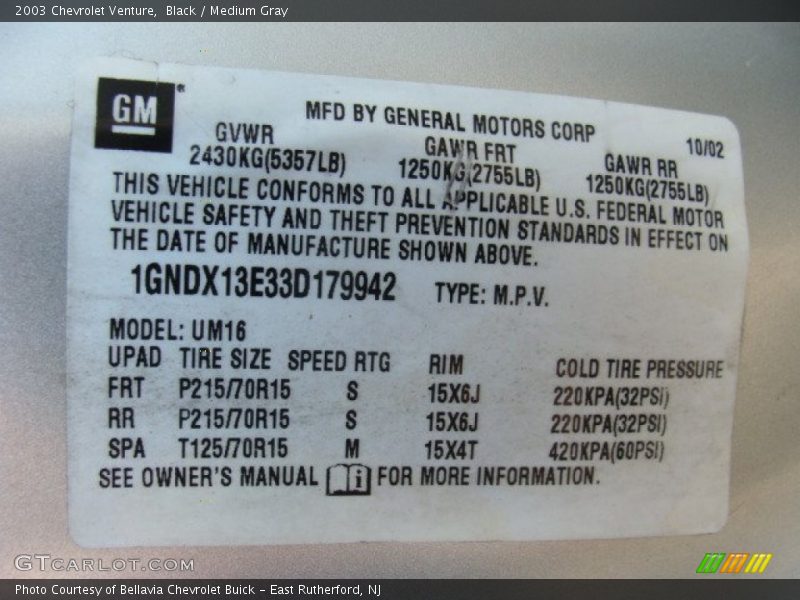 Black / Medium Gray 2003 Chevrolet Venture