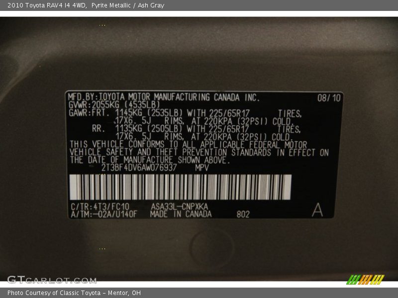 2010 RAV4 I4 4WD Pyrite Metallic Color Code 4T3
