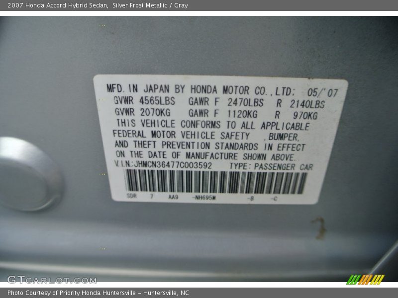 Silver Frost Metallic / Gray 2007 Honda Accord Hybrid Sedan