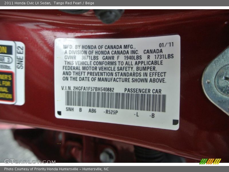 Tango Red Pearl / Beige 2011 Honda Civic LX Sedan