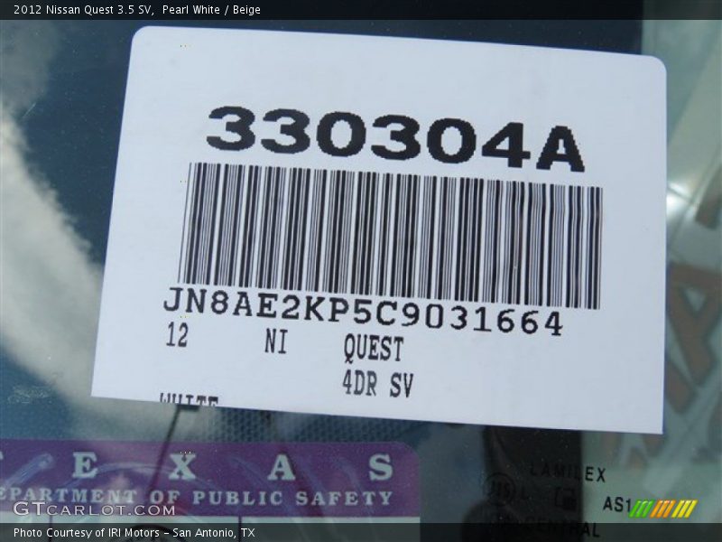Pearl White / Beige 2012 Nissan Quest 3.5 SV