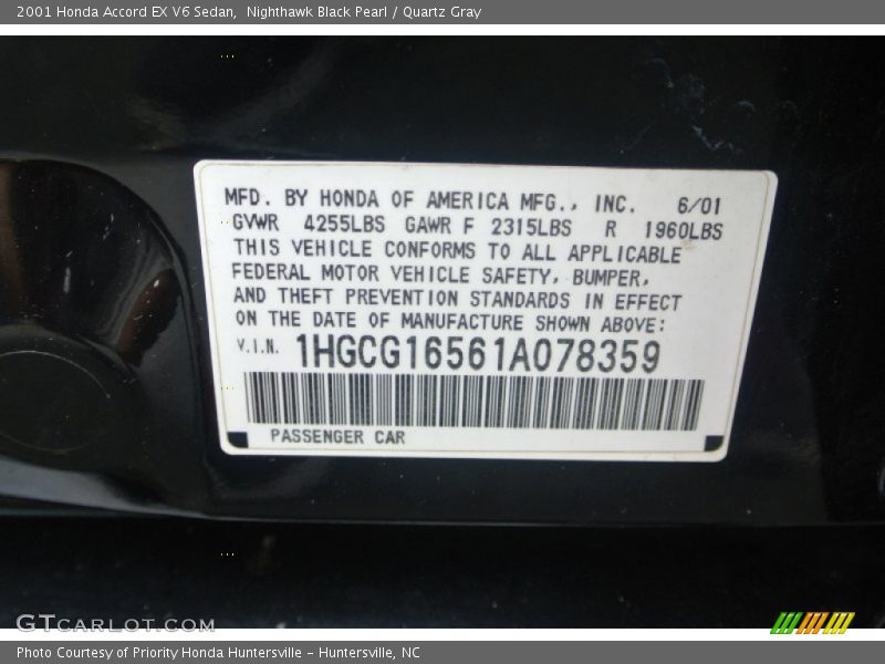 Nighthawk Black Pearl / Quartz Gray 2001 Honda Accord EX V6 Sedan