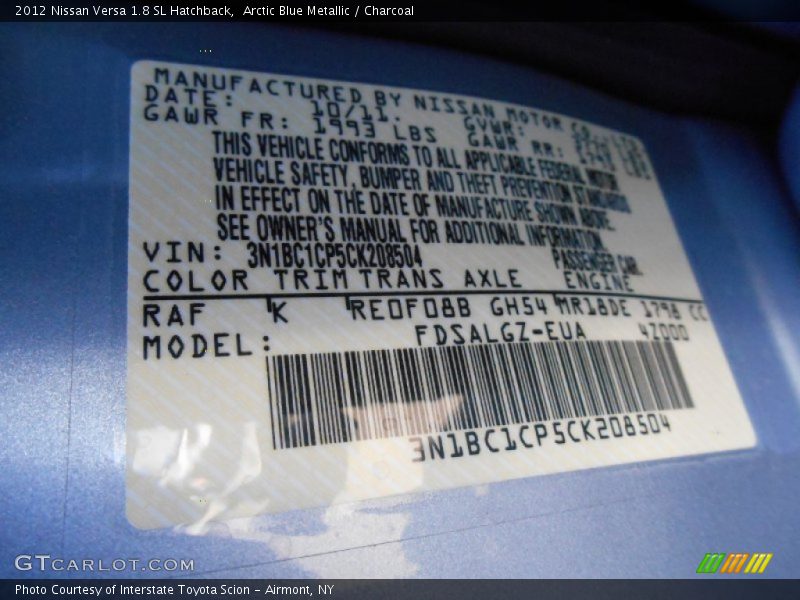 Arctic Blue Metallic / Charcoal 2012 Nissan Versa 1.8 SL Hatchback