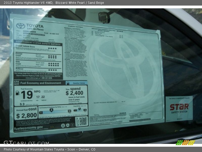 Blizzard White Pearl / Sand Beige 2013 Toyota Highlander V6 4WD