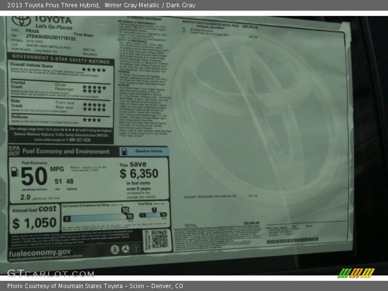 Winter Gray Metallic / Dark Gray 2013 Toyota Prius Three Hybrid