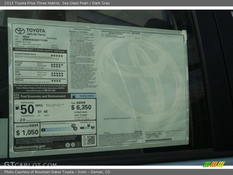 Sea Glass Pearl / Dark Gray 2013 Toyota Prius Three Hybrid