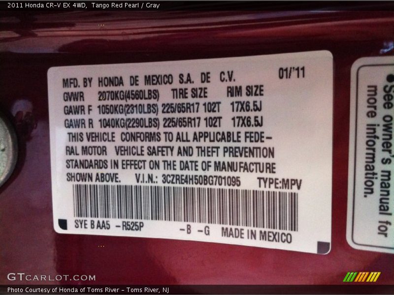 Tango Red Pearl / Gray 2011 Honda CR-V EX 4WD