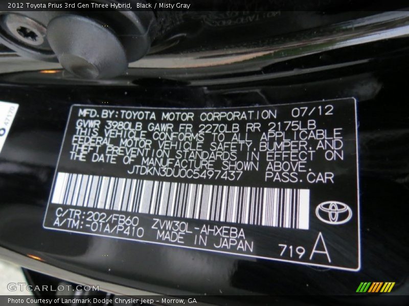 Black / Misty Gray 2012 Toyota Prius 3rd Gen Three Hybrid