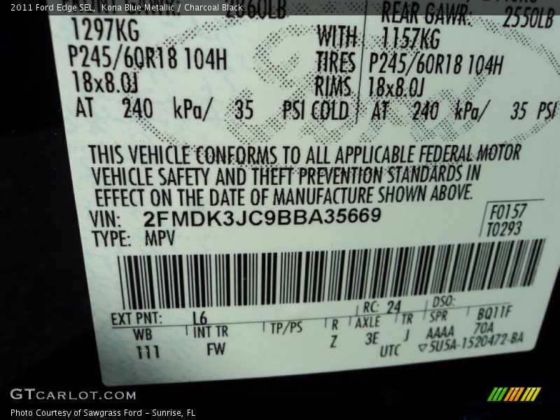 Kona Blue Metallic / Charcoal Black 2011 Ford Edge SEL