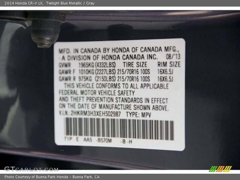 2014 CR-V LX Twilight Blue Metallic Color Code B570M