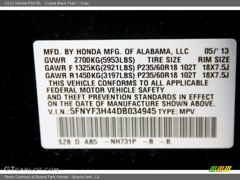 Crystal Black Pearl / Gray 2013 Honda Pilot EX