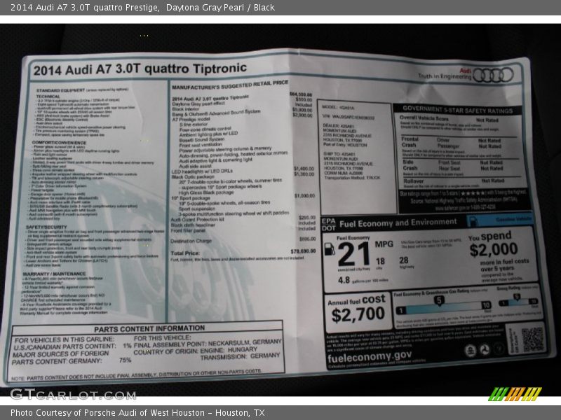  2014 A7 3.0T quattro Prestige Window Sticker