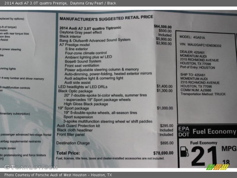  2014 A7 3.0T quattro Prestige Window Sticker