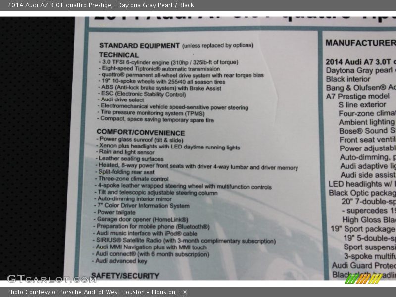  2014 A7 3.0T quattro Prestige Window Sticker