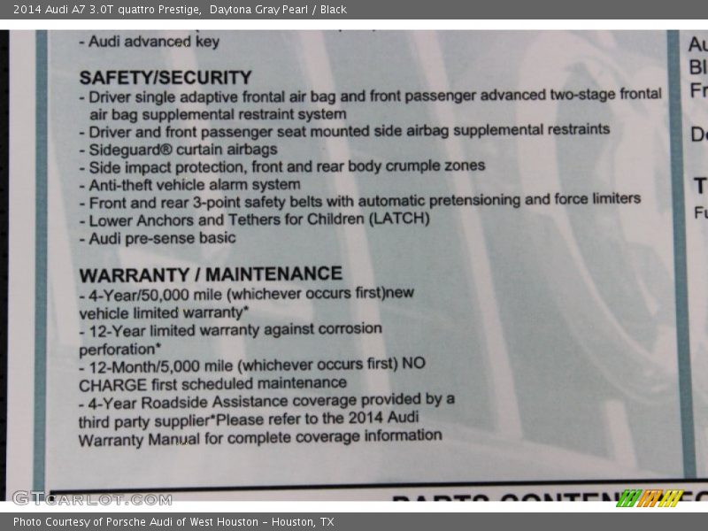  2014 A7 3.0T quattro Prestige Window Sticker