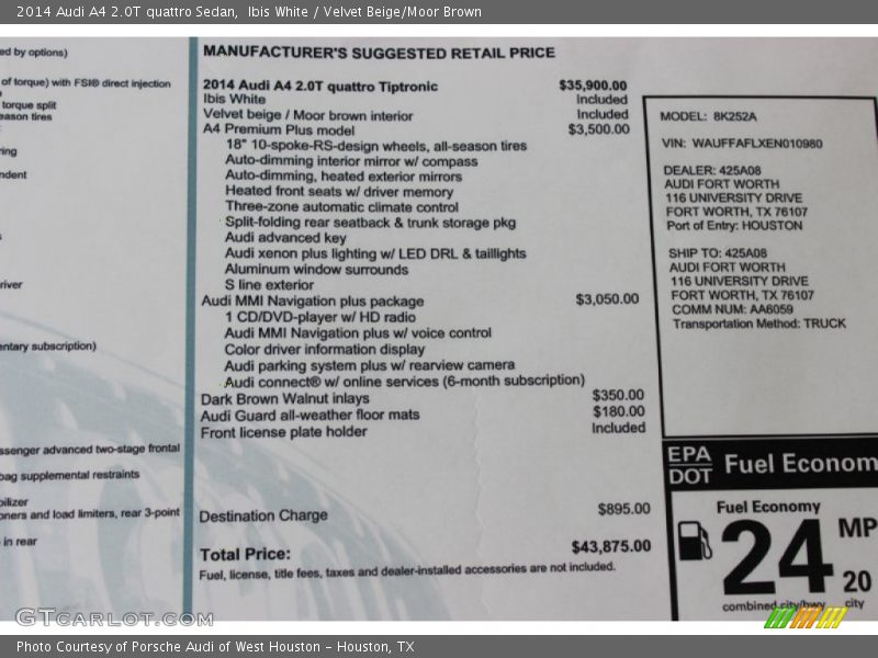 Ibis White / Velvet Beige/Moor Brown 2014 Audi A4 2.0T quattro Sedan