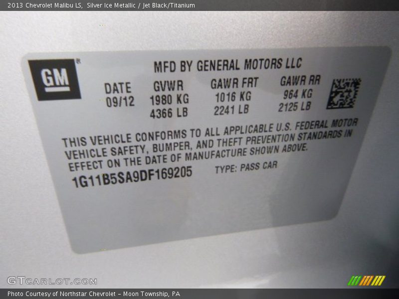 Silver Ice Metallic / Jet Black/Titanium 2013 Chevrolet Malibu LS