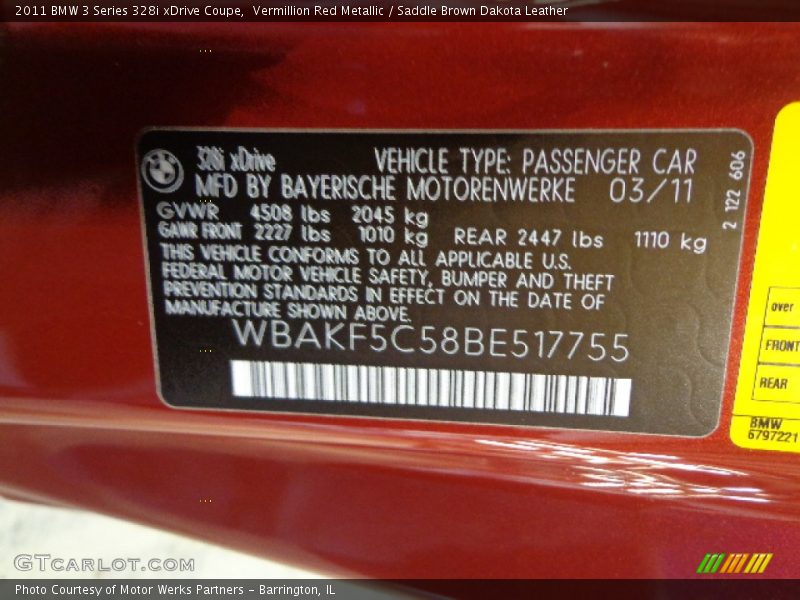 Vermillion Red Metallic / Saddle Brown Dakota Leather 2011 BMW 3 Series 328i xDrive Coupe