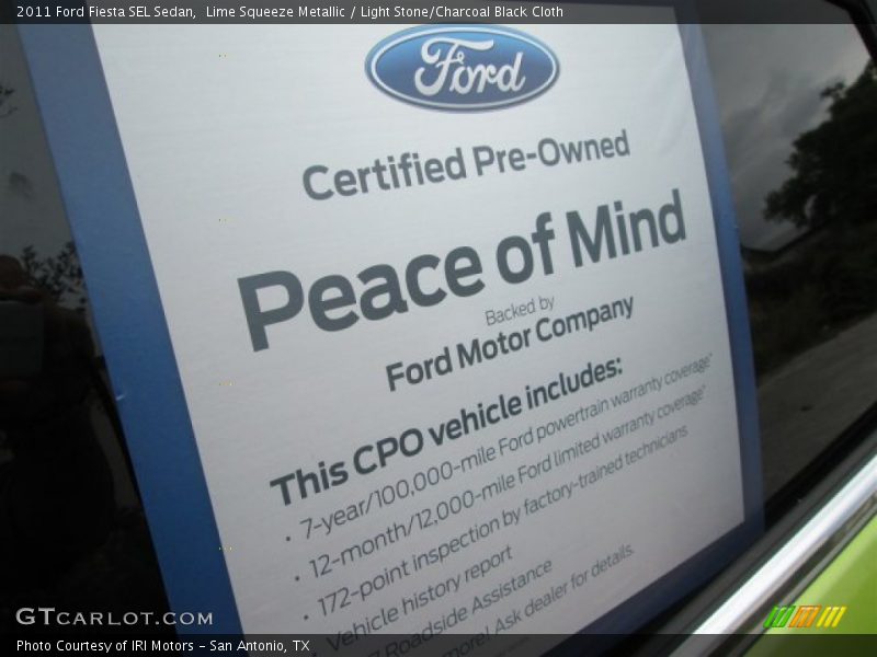Lime Squeeze Metallic / Light Stone/Charcoal Black Cloth 2011 Ford Fiesta SEL Sedan