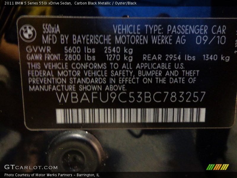 Carbon Black Metallic / Oyster/Black 2011 BMW 5 Series 550i xDrive Sedan