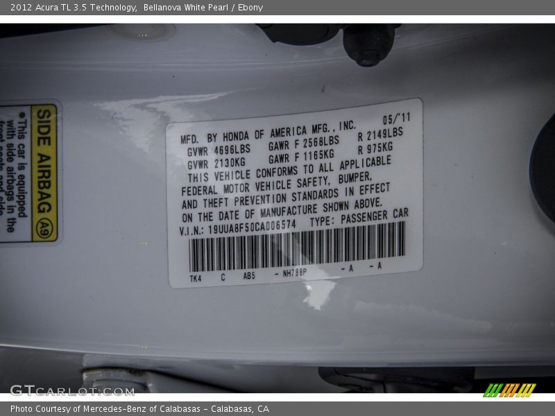 Bellanova White Pearl / Ebony 2012 Acura TL 3.5 Technology
