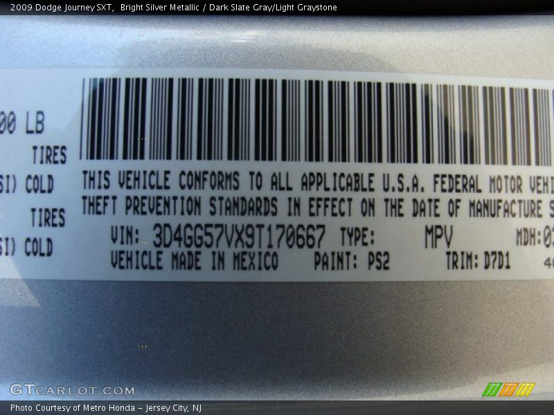 Bright Silver Metallic / Dark Slate Gray/Light Graystone 2009 Dodge Journey SXT
