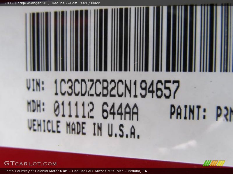 Redline 2-Coat Pearl / Black 2012 Dodge Avenger SXT