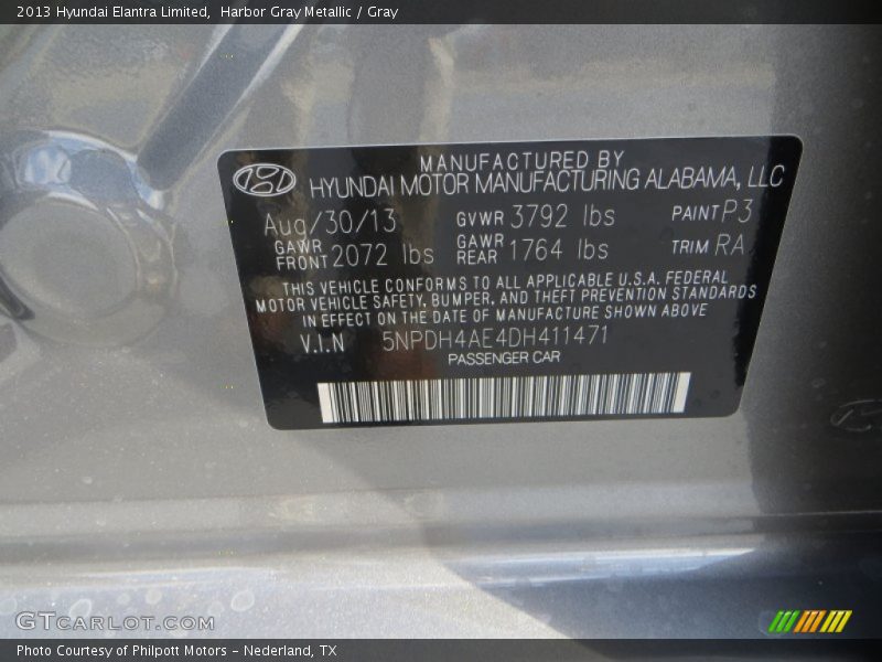 Harbor Gray Metallic / Gray 2013 Hyundai Elantra Limited